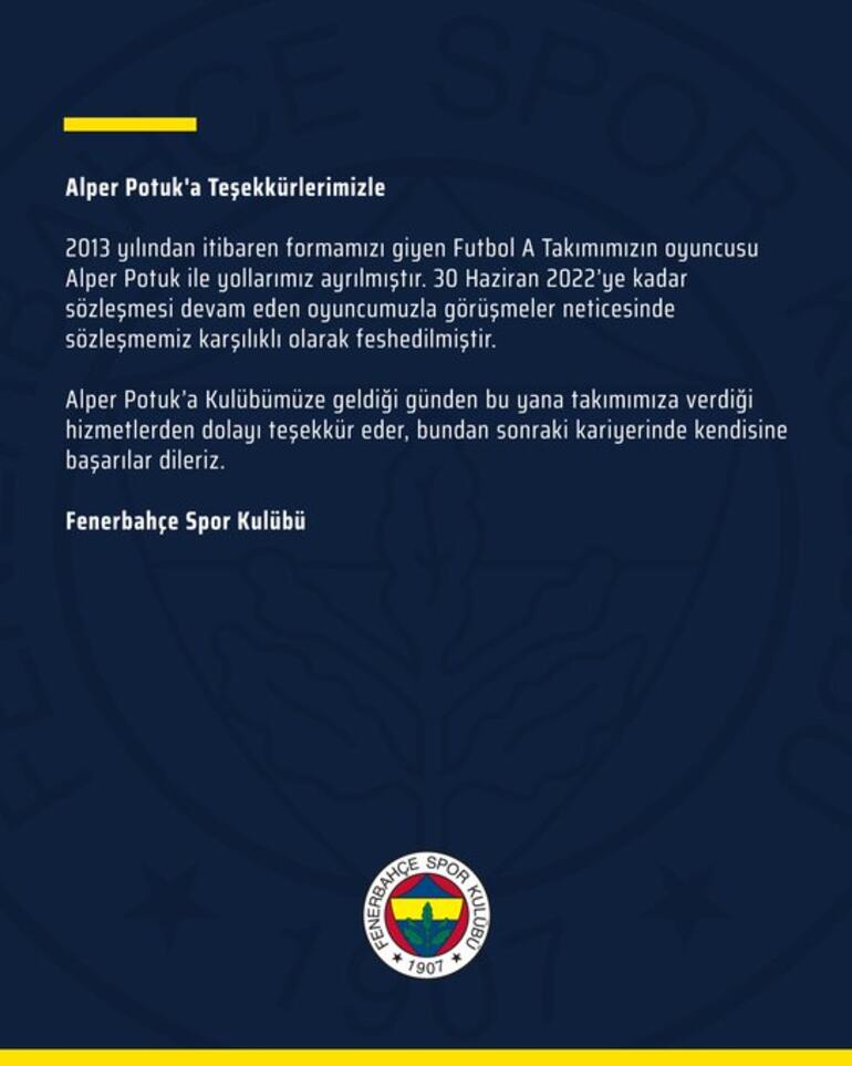 Son dakika | Fenerbahçede Alper Potukla yollar ayrıldı